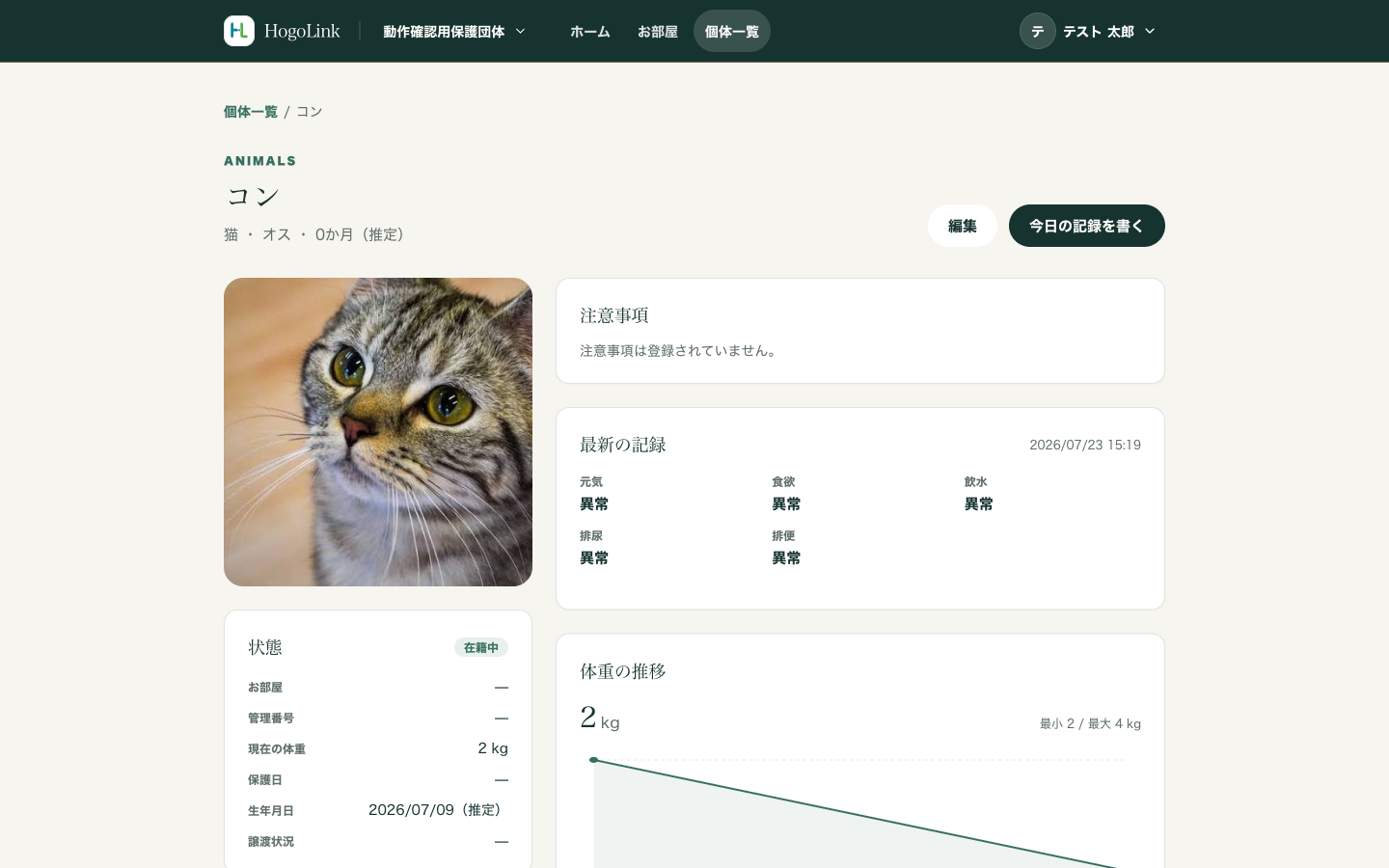個体詳細画面。注意事項、最新の記録、管理番号や保護日などの基本情報、体重の推移グラフが表示されている